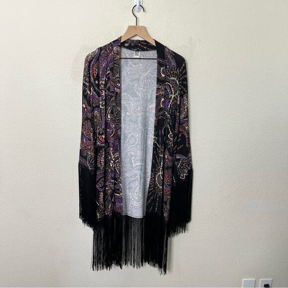 Temple Ro Festival Fringe Robe Kimono Cardigan Open Front Purple Black One Size - Picture 2 of 6